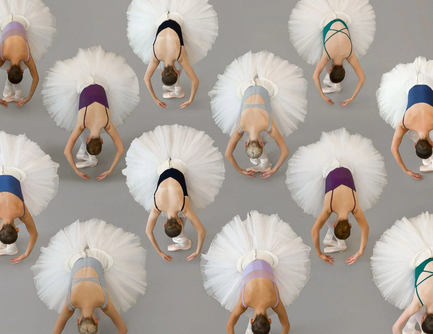 Multiple ballerinas in tutus performing a backbend against a gray background