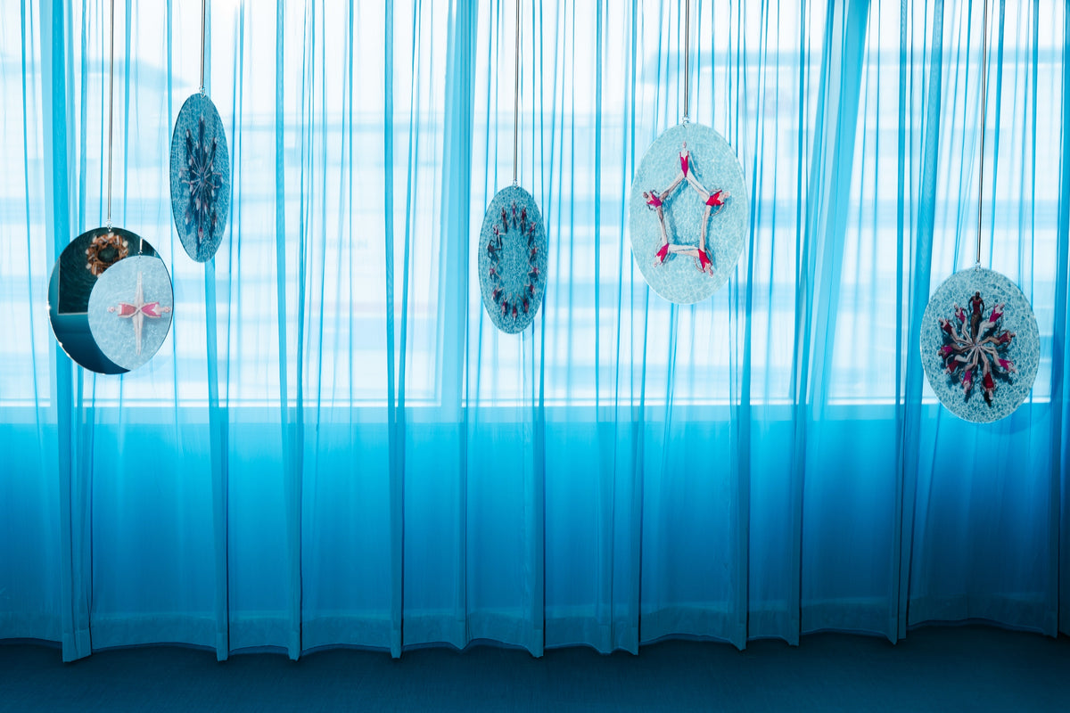 Blue harmony room with suspended discs, Moving Life, Still Art exhibition, Seoul